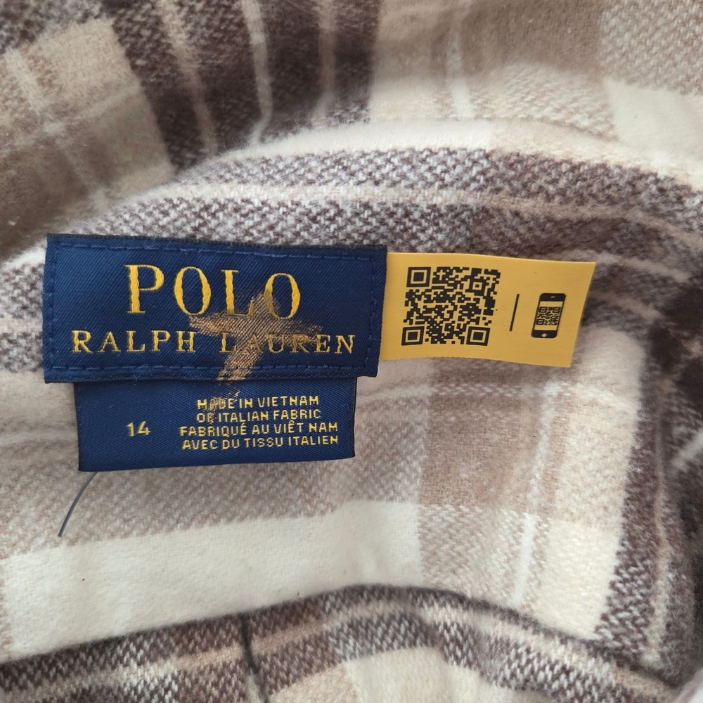 Polo Ralph Lauren Plaid‎ Fringed Shirt Dress Size 14 Beige Brown Long Sleeve - Picture 4 of 7